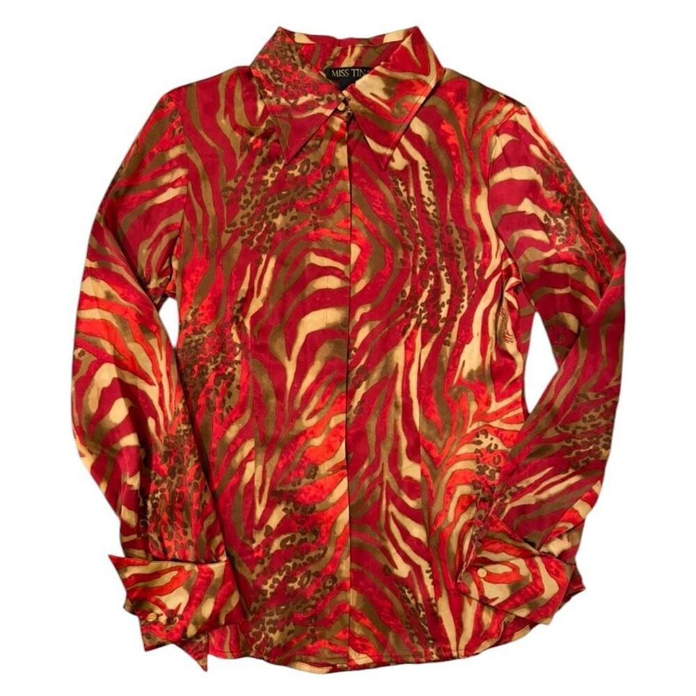 Miss Tina red silk blouse with zebra print and leopard print details